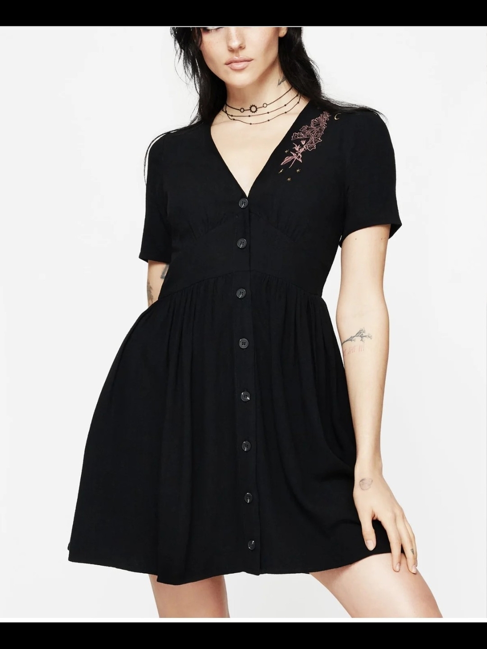 Foxglove Disturbia Black Button-Front V-Neck Mini Dress